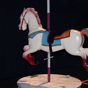A profile of a white tivoli-horse with red feet and blue saddle
