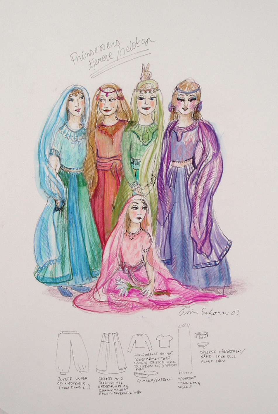 En flerfarget skisse av prinsessens tjenere i Bagdad