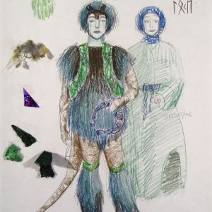 Et blått og grønt kostyme med pels og glitter til karakteren Loke