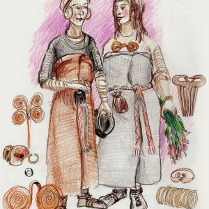 Two women wearing Bronze Age costumes and bronze jewelry