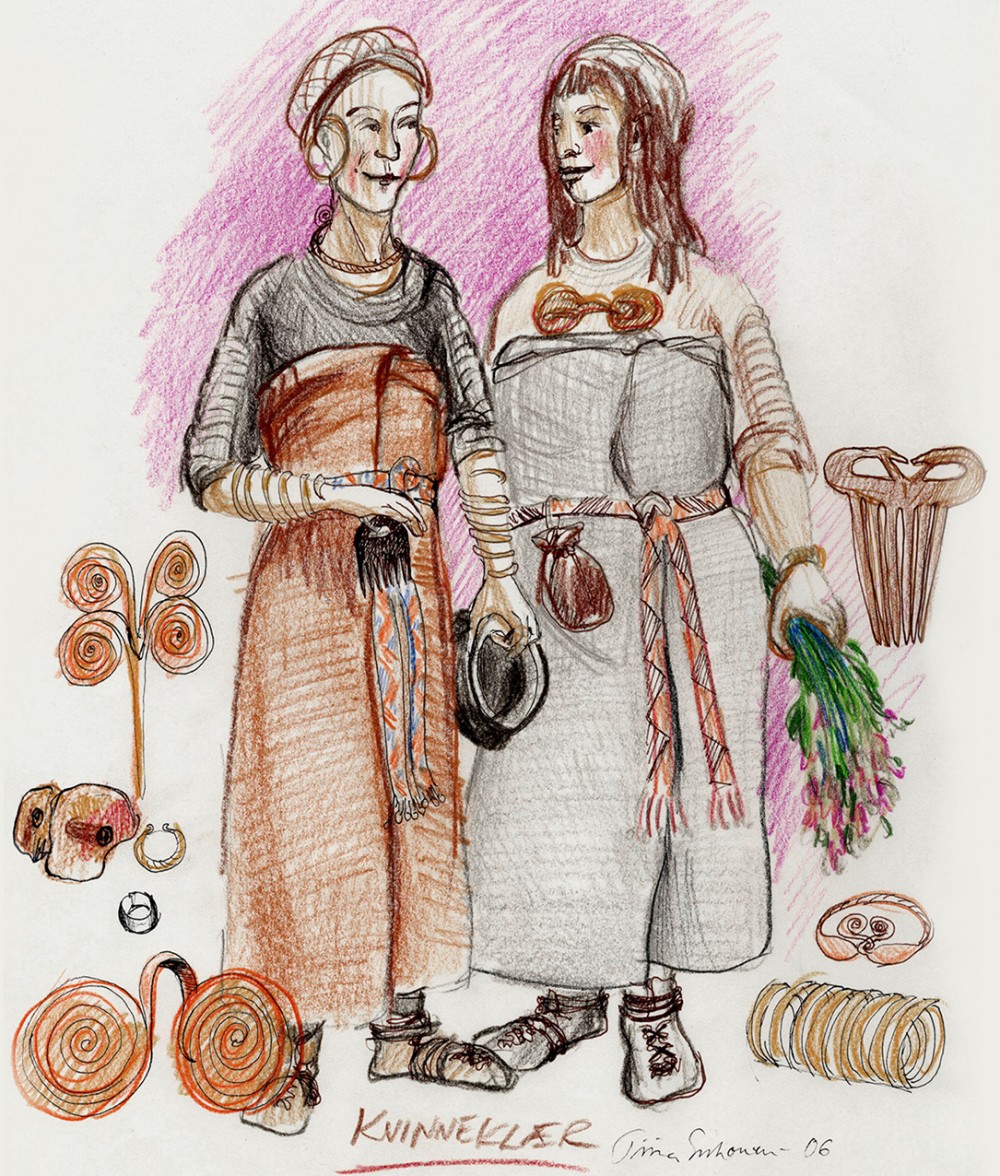To kvinner ikledd bronsealderkostymer og bronsesmykker