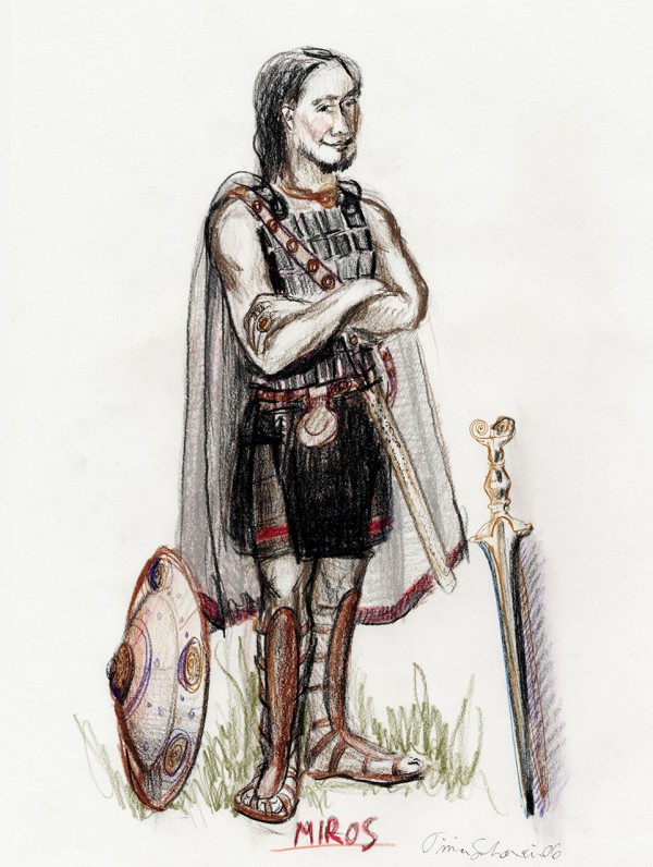 Skisse; soldat fra antikkens Hellas. Miros er en karakter som besøker den nordiske bronsealderstammen.