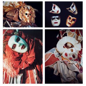En fotokollasje av karnevalmasker i rødt, hvitt og gull