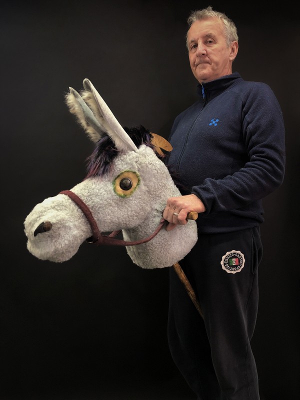 Et ferdigstilt, grått kjeppesel i profil.